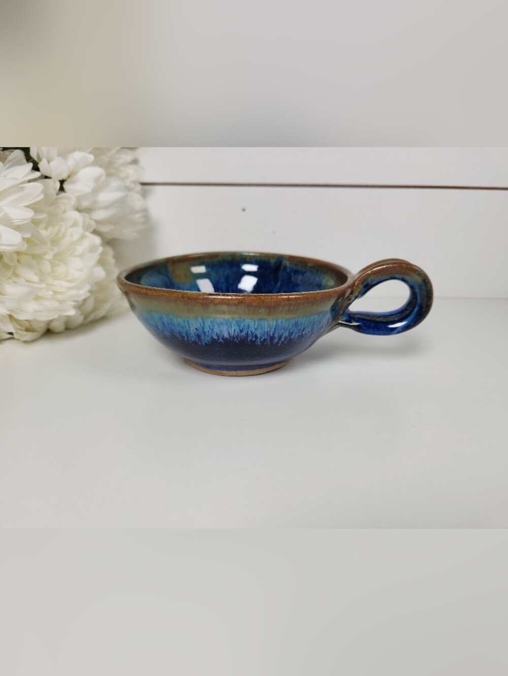 Vintage Signed Studio Pottery Bowl with Handle,  Celestial Blue & Brown